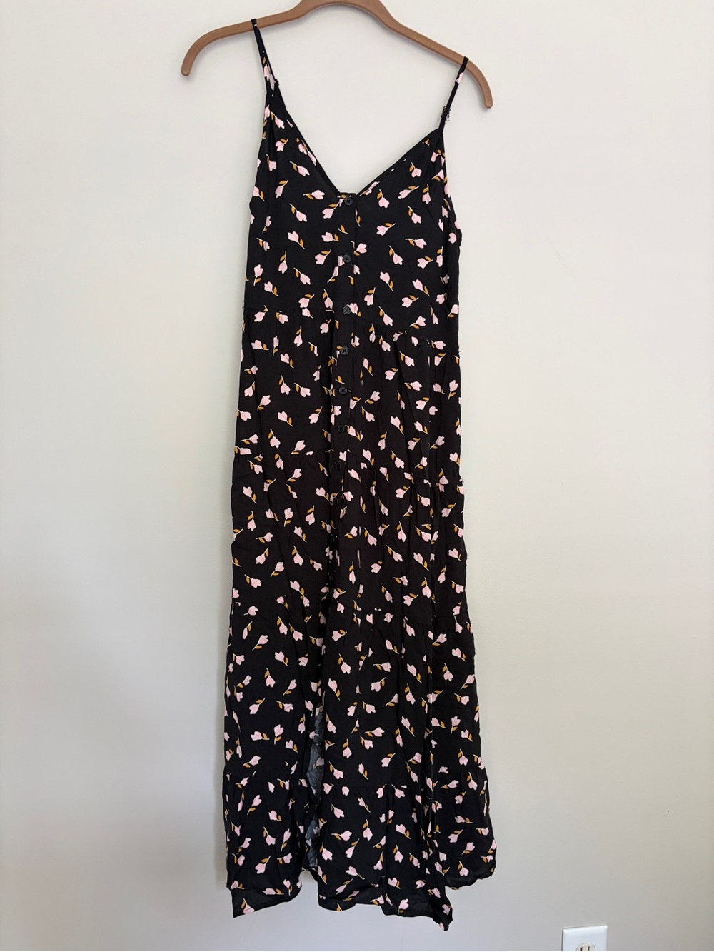 Band of Gypsies Black Midi Dress with Pink and Yellow Floral Print
